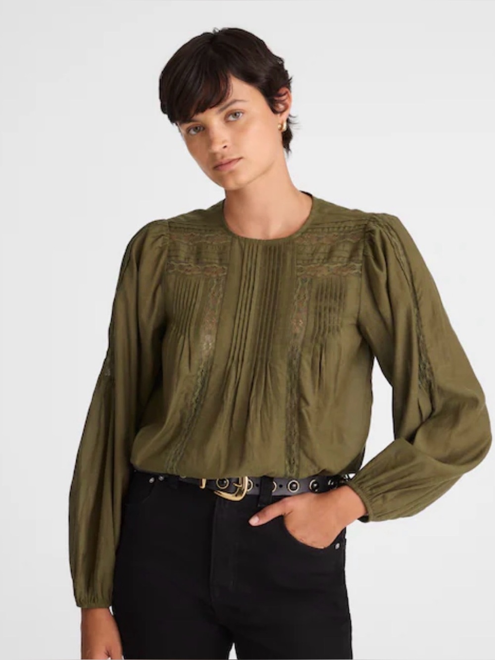 Madewell M Lace-Insert Pintucked Long-Sleeve Top NW717
